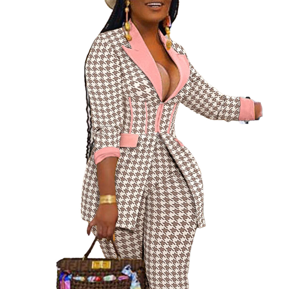 Plus Size Hahnentritt-Blazer und Hosen Set für Damen