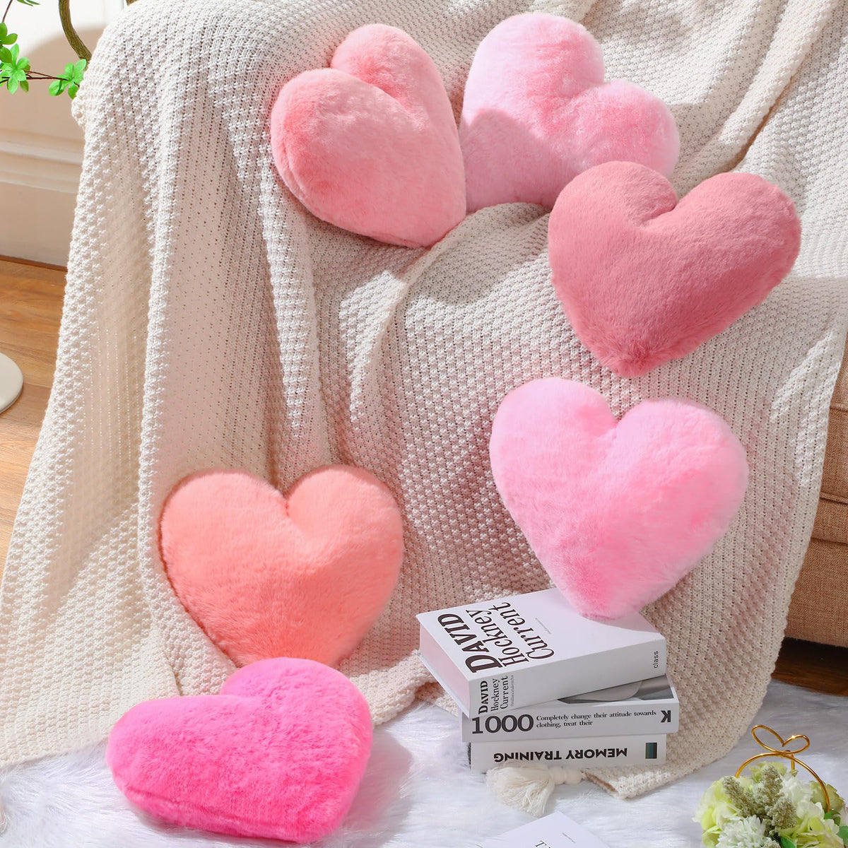 Liliful 6 Stück Faux Kaninchenfell Herz-Kissen zum Valentinstag, flauschige Herz-Wurfkissen, niedliche Couch-Kissen, weiche Dekokissen für Bett und Sofa, Mädchen und Frauen (12 x 11 Zoll, Pink-Serie)