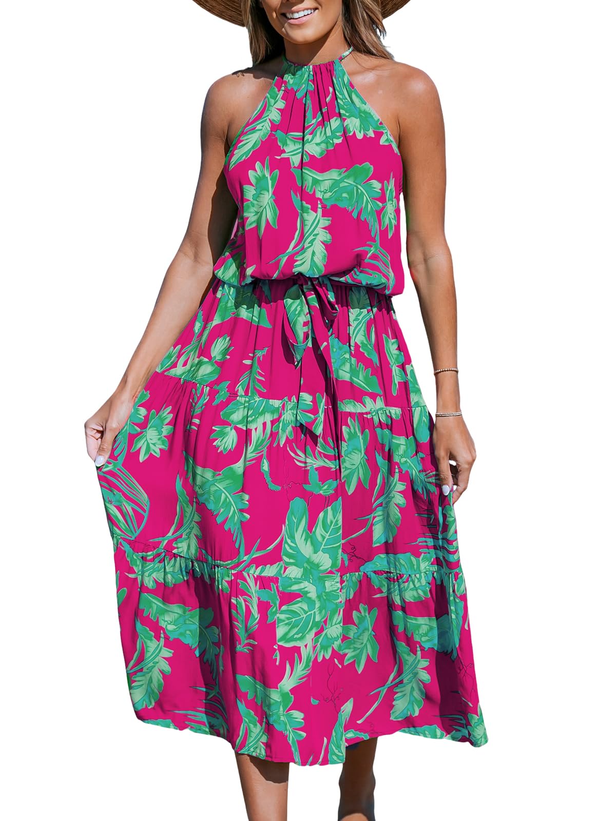 CUPSHE Damen Midi-Kleid Halter Blumen Ärmellos Gürtel Gerüscht A-Linie Lässiges Sommerkleid Pink Floral S