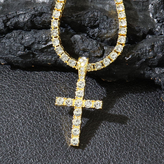 Hip Hop Diamond Cross Pendant with Cuban Link Necklace