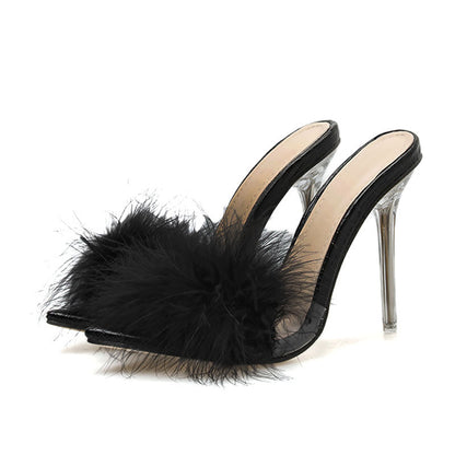 Transparent Crystal High Heels with Feather Fur Slippers