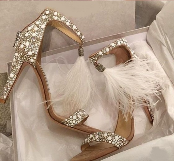 High Heels, Feder Sandalen, Quasten Heels