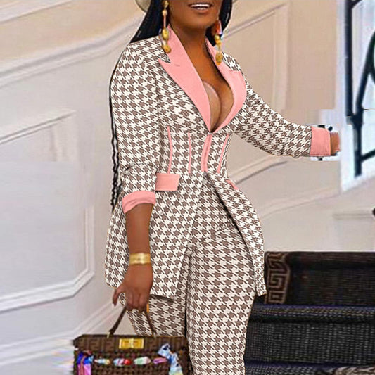 Plus Size Hahnentritt-Blazer und Hosen Set für Damen