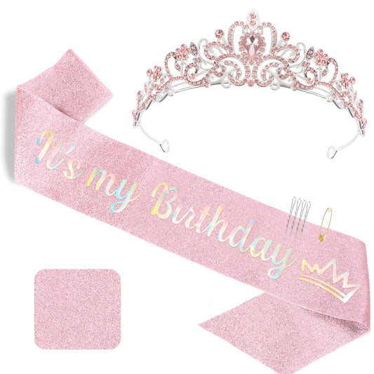 Exacoo Geburtstagsdekorationen für Frauen mit Krone und Schärpe, Blendende Tiaras für Frauen, Rosa Partydekorationen, Prinzessinnen-Geburtstagskrone, Tiara-Stirnband, Frauen-Accessoires