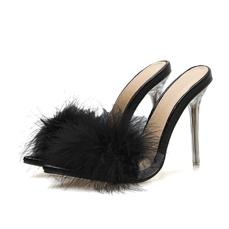 Transparent Crystal High Heels with Feather Fur Slippers