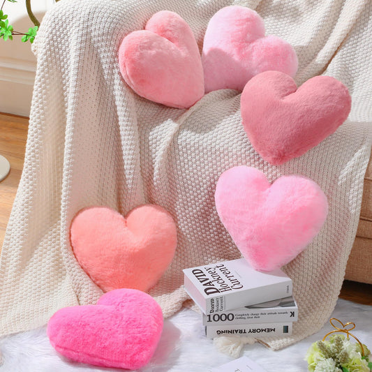 Liliful 6 Stück Faux Kaninchenfell Herz-Kissen zum Valentinstag, flauschige Herz-Wurfkissen, niedliche Couch-Kissen, weiche Dekokissen für Bett und Sofa, Mädchen und Frauen (12 x 11 Zoll, Pink-Serie)