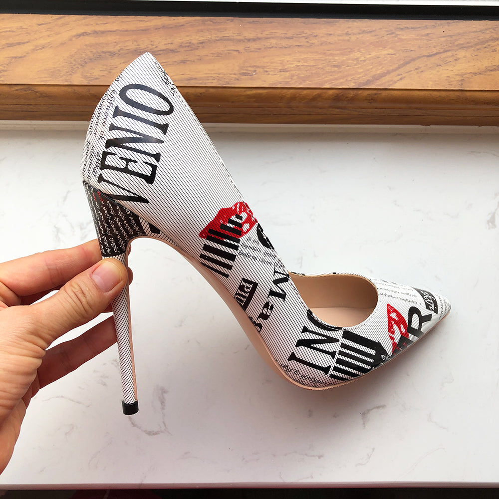 Graphic Print White Pointy Toe High Heel Shoes