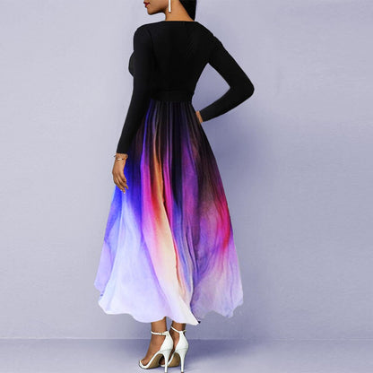 Elegantes Langarmkleid mit V-Ausschnitt und Farbverlauf und hoher Taille für Damen