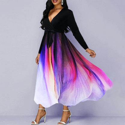 Elegantes Langarmkleid mit V-Ausschnitt und Farbverlauf und hoher Taille für Damen