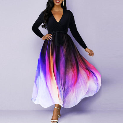 Elegantes Langarmkleid mit V-Ausschnitt und Farbverlauf und hoher Taille für Damen